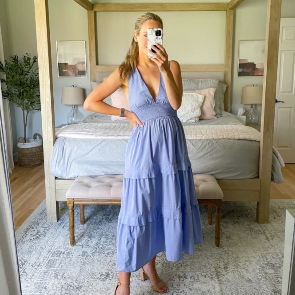 Abercrombie & Fitch Smocked Waist Tiered Midi Dress XS Periwinkle